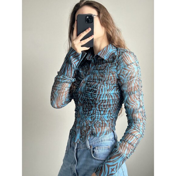 Akira Blue & Brown Zebra Print Ruched Blouse Size Small – Bold Animal Print Top - Picture 4 of 7